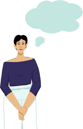 Woman standing and thinking with thought bubble