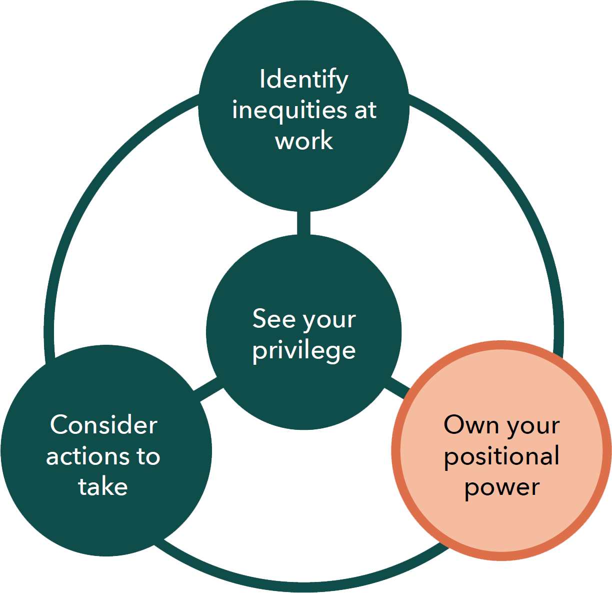 See your privilege is connected to Identify inequities at work, Consider actions to take, and Own your positional power